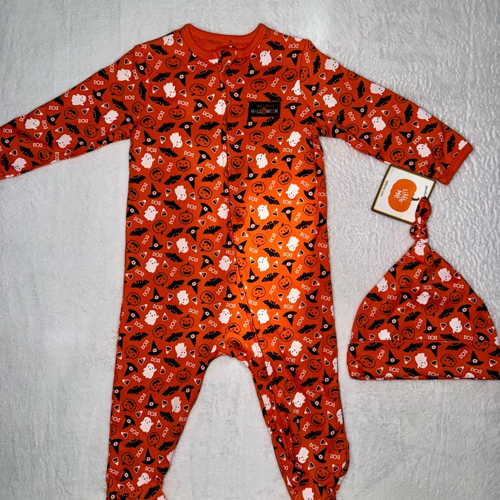 Carter's Orange Halloween Footie with Hat Onsie SET